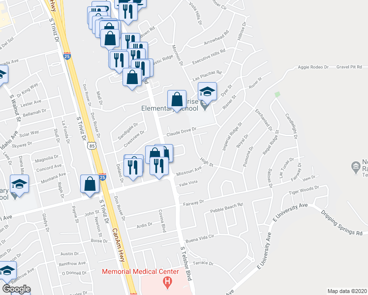 map of restaurants, bars, coffee shops, grocery stores, and more near 2927 Los Amigos Court in Las Cruces