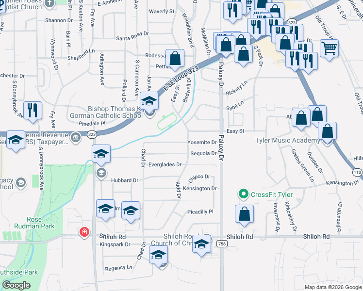 map of restaurants, bars, coffee shops, grocery stores, and more near 1600 Yosemite Drive in Tyler