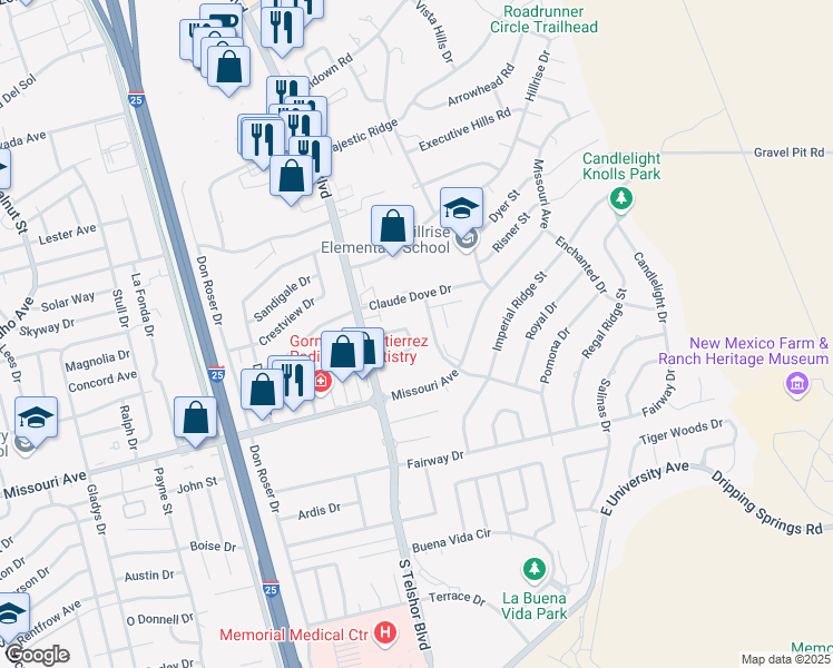map of restaurants, bars, coffee shops, grocery stores, and more near 2923 Los Amigos Court in Las Cruces