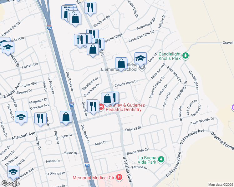 map of restaurants, bars, coffee shops, grocery stores, and more near 1605 C South Telshor Boulevard in Las Cruces