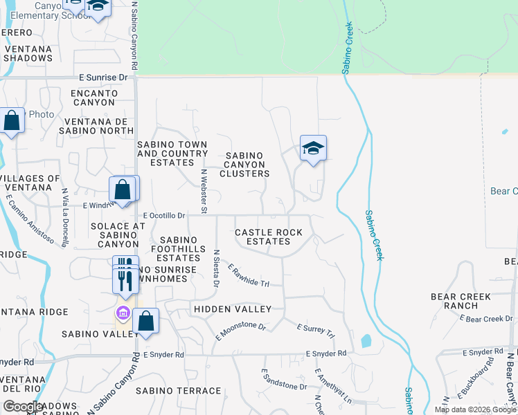 map of restaurants, bars, coffee shops, grocery stores, and more near 8320 East Cholla Drive in Tucson