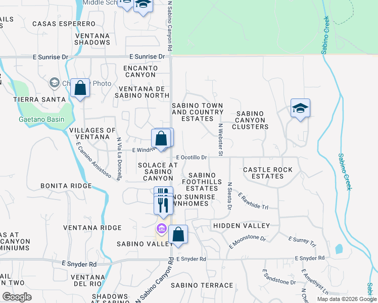 map of restaurants, bars, coffee shops, grocery stores, and more near 5229 North Stonehouse Place in Tucson