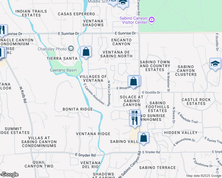 map of restaurants, bars, coffee shops, grocery stores, and more near 7735 East Windriver Drive in Tucson