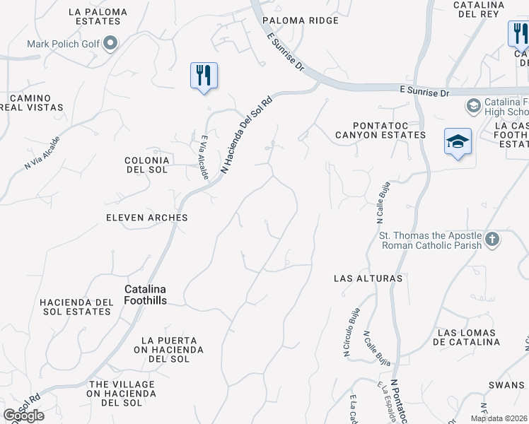 map of restaurants, bars, coffee shops, grocery stores, and more near 5320 North Circulo Sobrio in Tucson