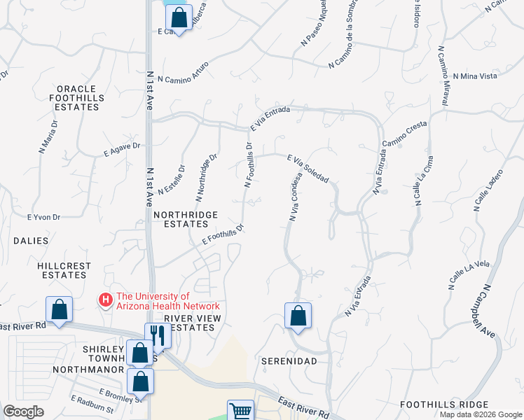map of restaurants, bars, coffee shops, grocery stores, and more near 5240 North Foothills Drive in Tucson