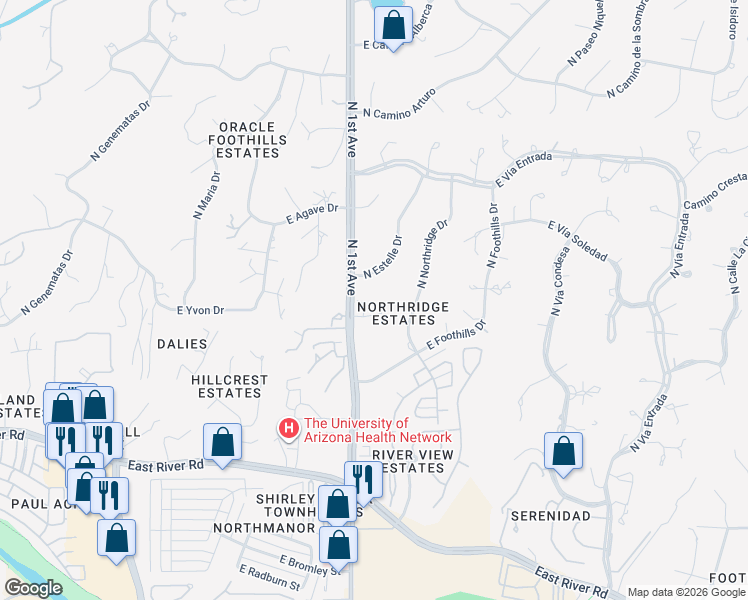 map of restaurants, bars, coffee shops, grocery stores, and more near 5310 North Estelle Drive in Tucson