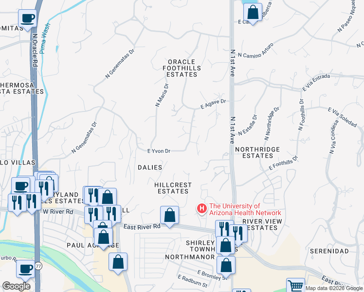 map of restaurants, bars, coffee shops, grocery stores, and more near 425 East Yvon Drive in Tucson