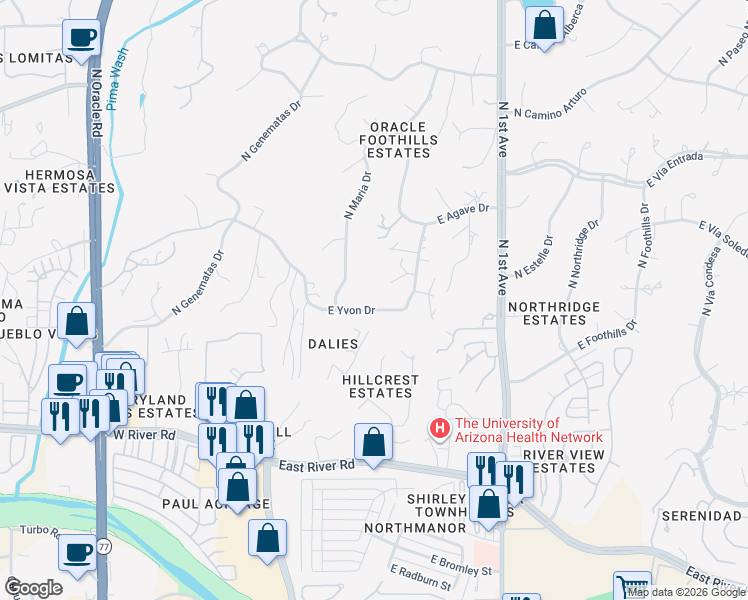 map of restaurants, bars, coffee shops, grocery stores, and more near 245 East Yvon Drive in Tucson