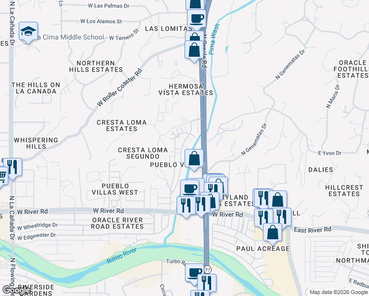 map of restaurants, bars, coffee shops, grocery stores, and more near 5233 North Pueblo Villas Drive in Tucson