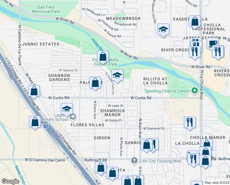 map of restaurants, bars, coffee shops, grocery stores, and more near 5234 N Royal Palm Dr in Tucson