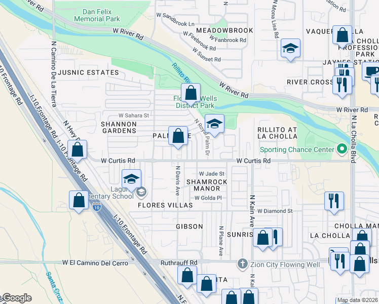 map of restaurants, bars, coffee shops, grocery stores, and more near 5233 North Myakka Avenue in Tucson