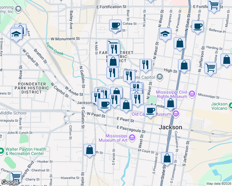map of restaurants, bars, coffee shops, grocery stores, and more near 123 E Griffith St in Jackson