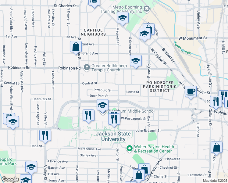 map of restaurants, bars, coffee shops, grocery stores, and more near 1230 Pittsburg Street in Jackson