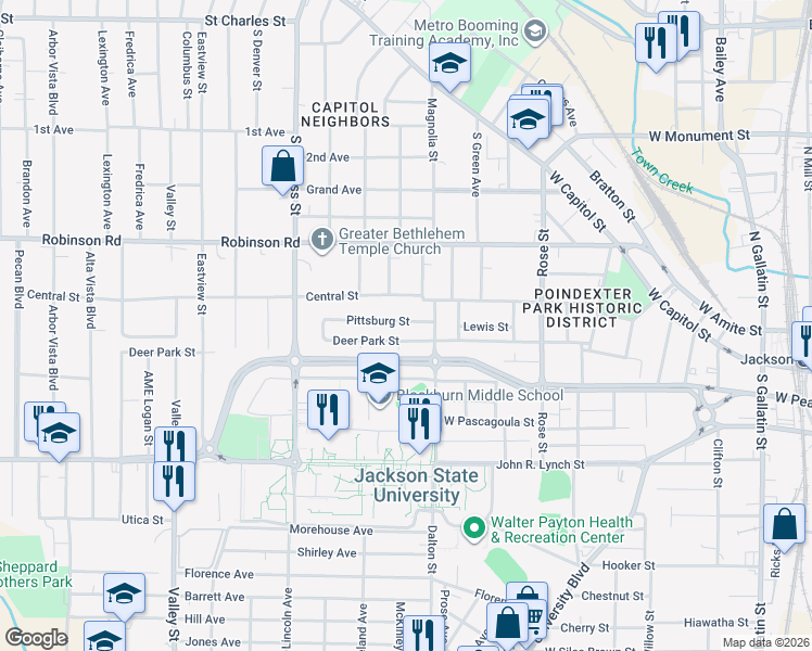 map of restaurants, bars, coffee shops, grocery stores, and more near 1230 Pittsburg Street in Jackson