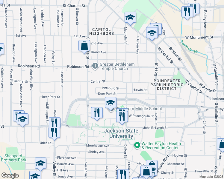 map of restaurants, bars, coffee shops, grocery stores, and more near 1230 Pittsburg Street in Jackson