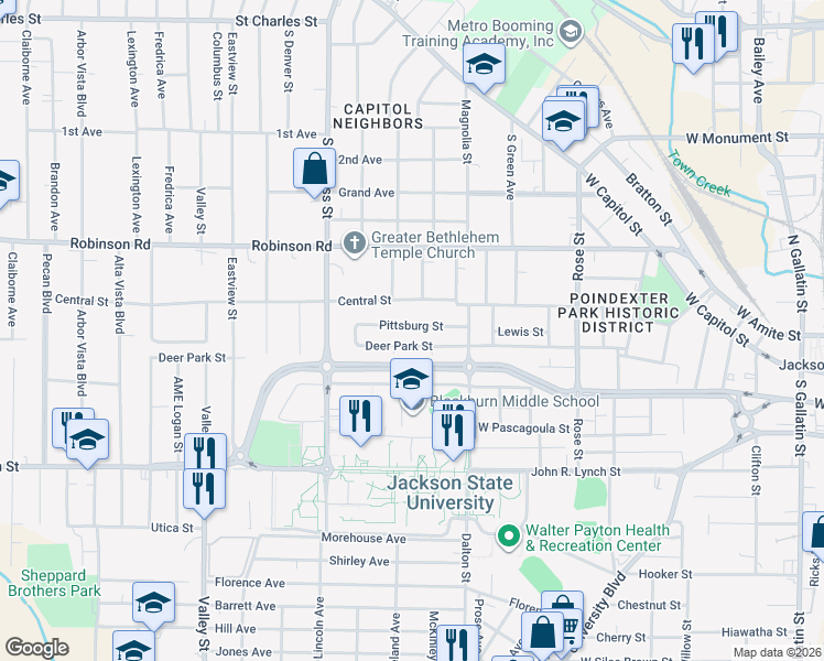map of restaurants, bars, coffee shops, grocery stores, and more near 1248 Pittsburg Street in Jackson