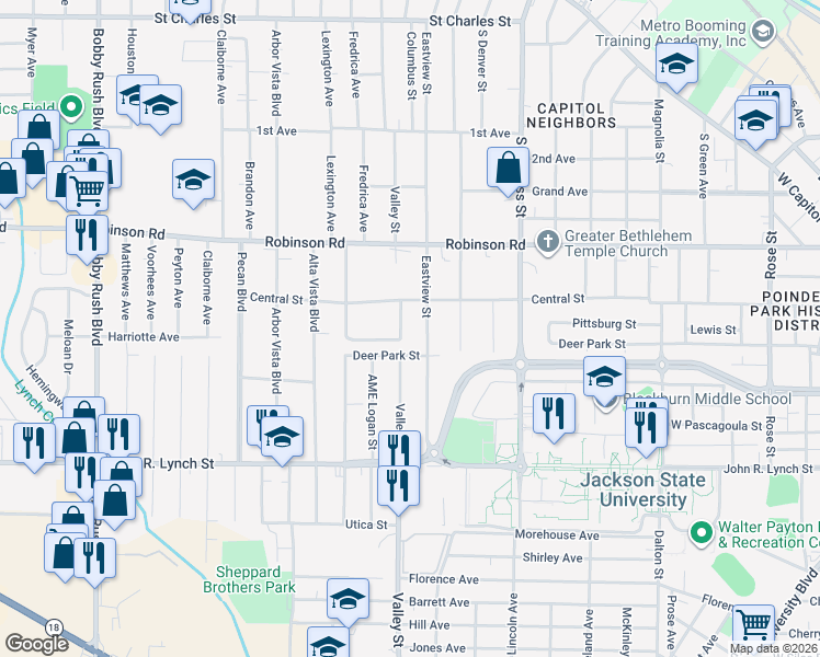 map of restaurants, bars, coffee shops, grocery stores, and more near 1903 Wingfield Circle in Jackson