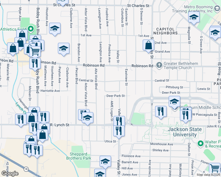 map of restaurants, bars, coffee shops, grocery stores, and more near 1968 Wingfield Circle in Jackson