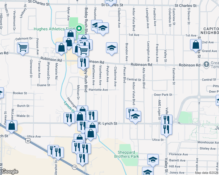 map of restaurants, bars, coffee shops, grocery stores, and more near 1061 Peyton Avenue in Jackson