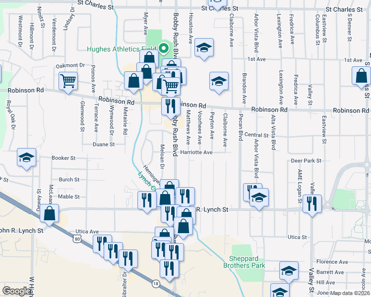 map of restaurants, bars, coffee shops, grocery stores, and more near 1062 Matthews Avenue in Jackson