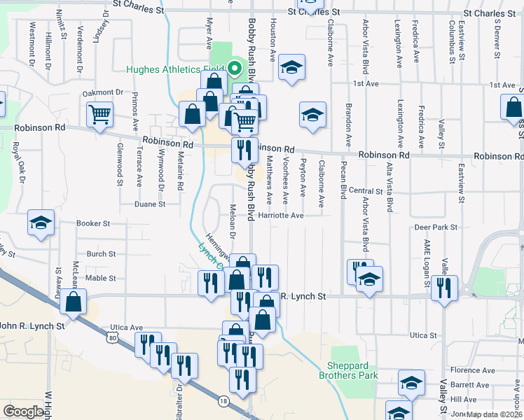 map of restaurants, bars, coffee shops, grocery stores, and more near 1062 Matthews Avenue in Jackson