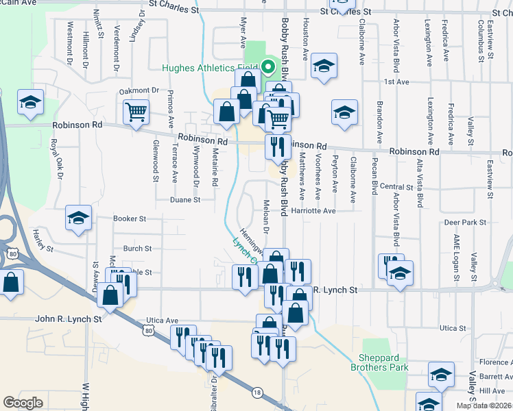 map of restaurants, bars, coffee shops, grocery stores, and more near 1020 Laura Avenue in Jackson