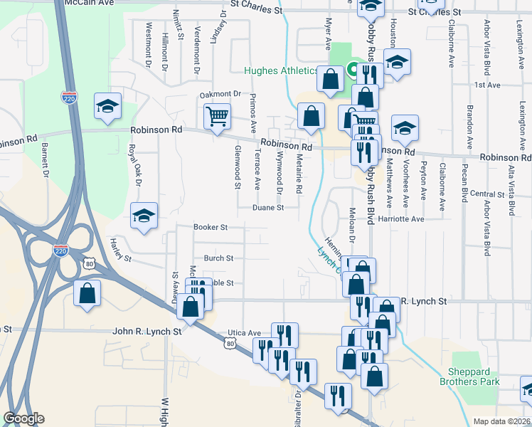 map of restaurants, bars, coffee shops, grocery stores, and more near 1052 Terrace Avenue in Jackson