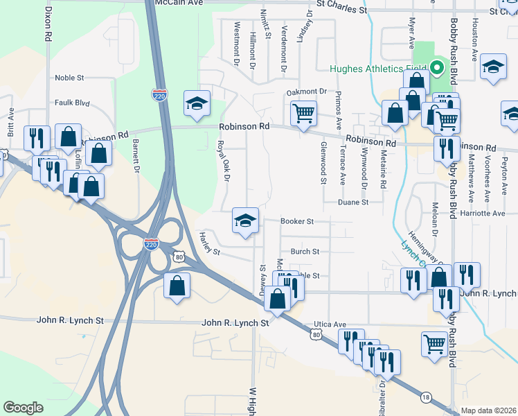 map of restaurants, bars, coffee shops, grocery stores, and more near 980 West Ridge Drive in Jackson