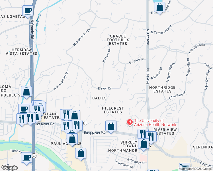 map of restaurants, bars, coffee shops, grocery stores, and more near 245 East Yvon Drive in Tucson