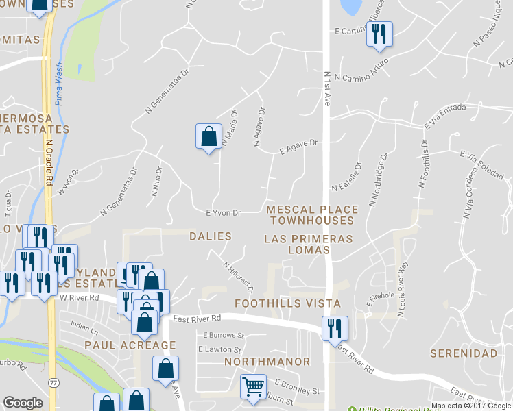 map of restaurants, bars, coffee shops, grocery stores, and more near 361 East Yvon Drive in Tucson