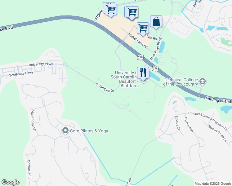 map of restaurants, bars, coffee shops, grocery stores, and more near 3 South Campus Drive in Okatie