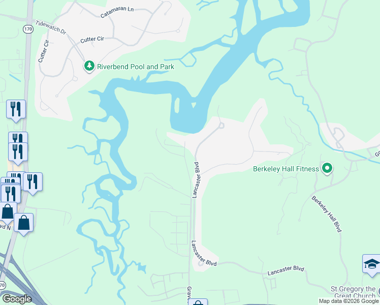 map of restaurants, bars, coffee shops, grocery stores, and more near 120 Lancaster Boulevard in Bluffton