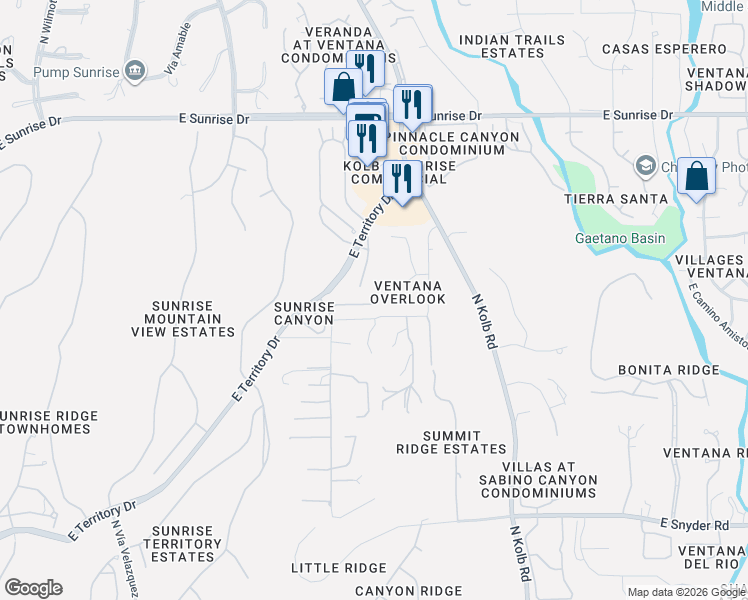 map of restaurants, bars, coffee shops, grocery stores, and more near 6895 East Vía Vigna in Tucson
