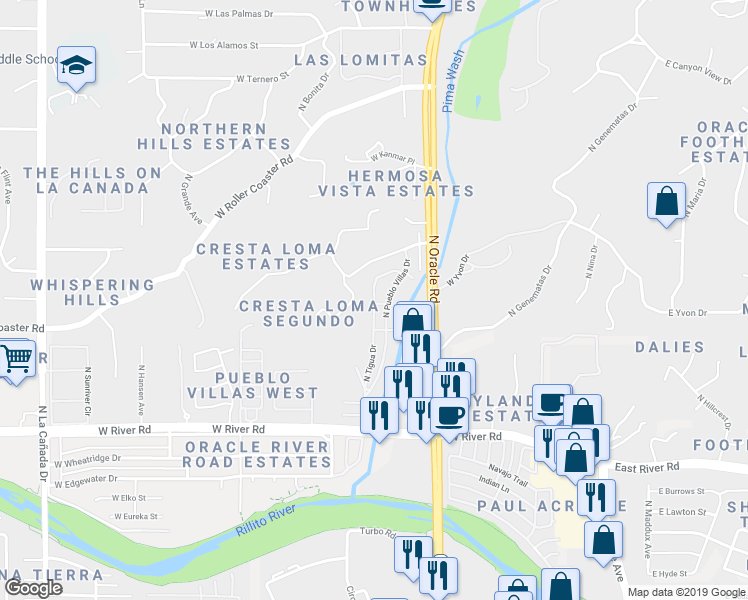 map of restaurants, bars, coffee shops, grocery stores, and more near 5225 Tigua Drive in Tucson