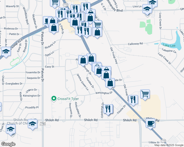 map of restaurants, bars, coffee shops, grocery stores, and more near 4508 Edinburgh Drive in Tyler