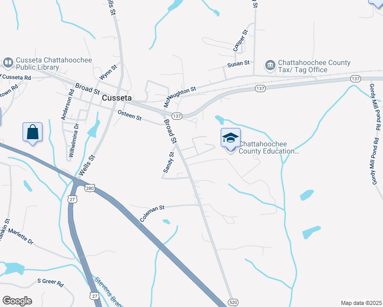 map of restaurants, bars, coffee shops, grocery stores, and more near Jefferson Street in Cusseta