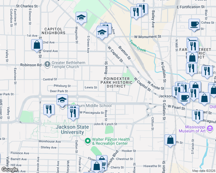 map of restaurants, bars, coffee shops, grocery stores, and more near 963 Central Street in Jackson