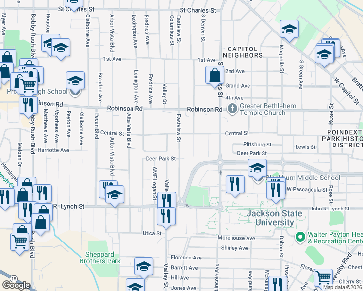 map of restaurants, bars, coffee shops, grocery stores, and more near 822 Eastview Street in Jackson