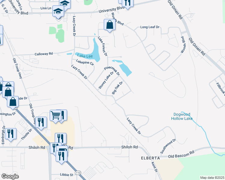 map of restaurants, bars, coffee shops, grocery stores, and more near 3311 Pebblebrook Drive in Tyler