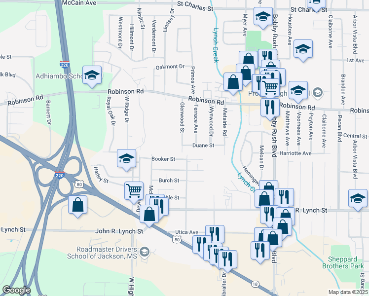 map of restaurants, bars, coffee shops, grocery stores, and more near 2949 Duane Street in Jackson