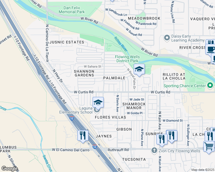 map of restaurants, bars, coffee shops, grocery stores, and more near 2870 West Palm Vista Street in Tucson
