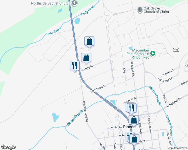 map of restaurants, bars, coffee shops, grocery stores, and more near 112 East Johnson Street in Rincon