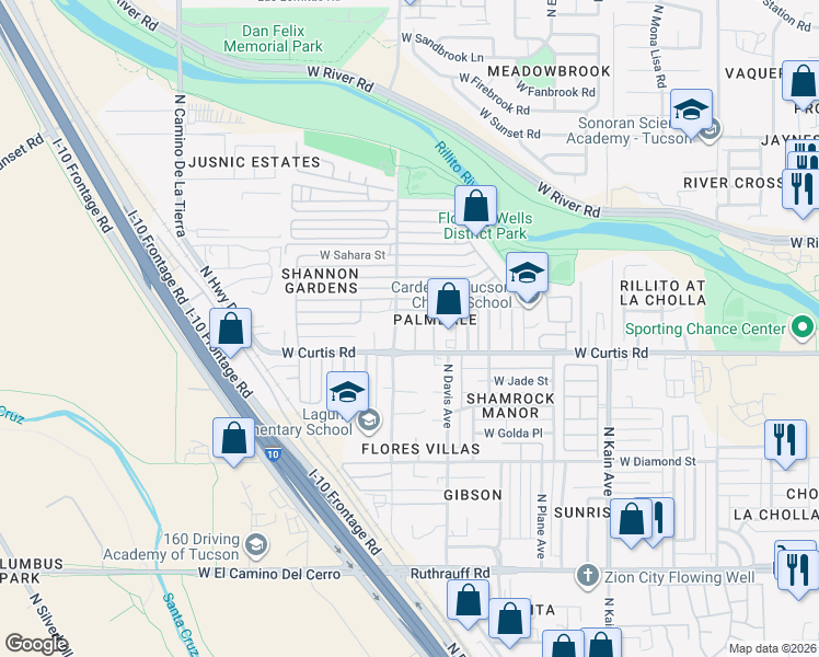 map of restaurants, bars, coffee shops, grocery stores, and more near 2870 West Palm Vista Street in Tucson
