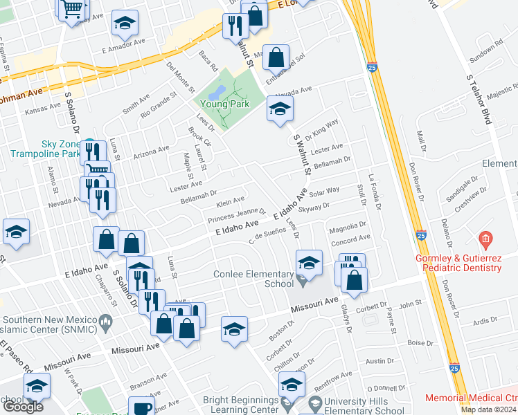 map of restaurants, bars, coffee shops, grocery stores, and more near 2017 Princess Jeanne Drive in Las Cruces