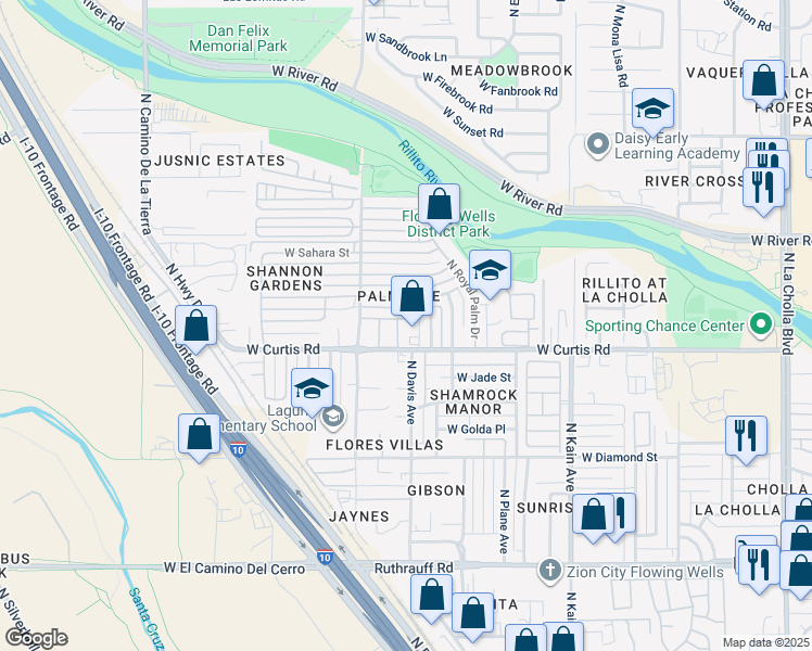 map of restaurants, bars, coffee shops, grocery stores, and more near 2821 West Palm Vista Street in Tucson