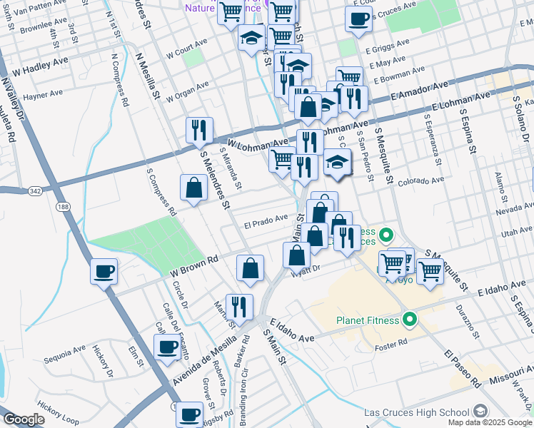 map of restaurants, bars, coffee shops, grocery stores, and more near 475 La Colonia Avenue in Las Cruces