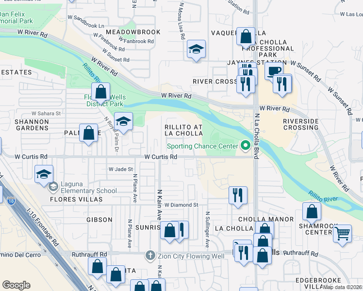 map of restaurants, bars, coffee shops, grocery stores, and more near 2378 West Chris Oliver Way in Tucson
