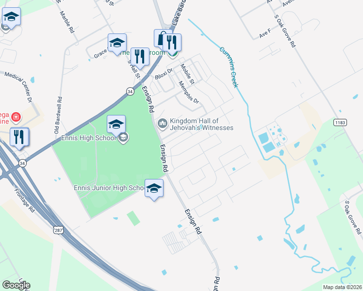 map of restaurants, bars, coffee shops, grocery stores, and more near 1109 Vicksburg Drive in Ennis
