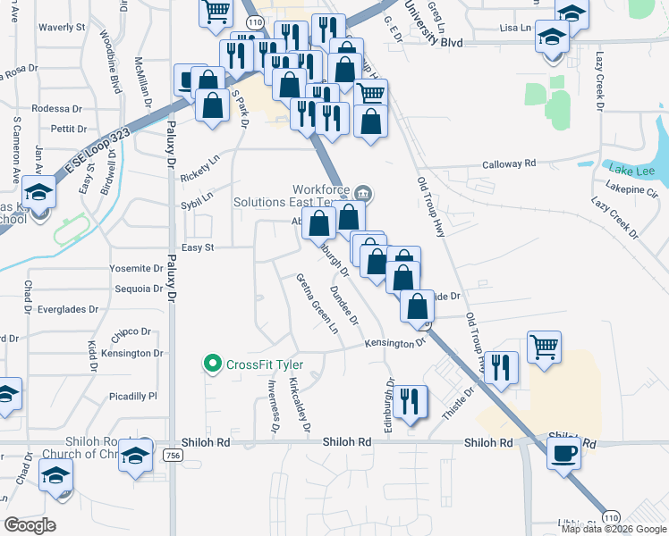 map of restaurants, bars, coffee shops, grocery stores, and more near 4427 Dundee Drive in Tyler