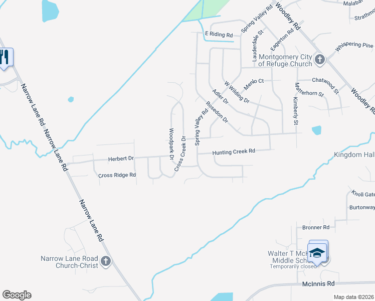map of restaurants, bars, coffee shops, grocery stores, and more near 3409 Cross Creek Drive in Montgomery